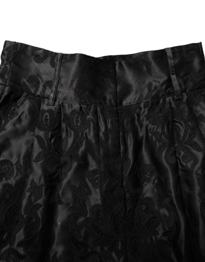 Dolce &amp; Gabbana Schwarze Shorts aus Seide mit hoher Taille und Blumenstickerei