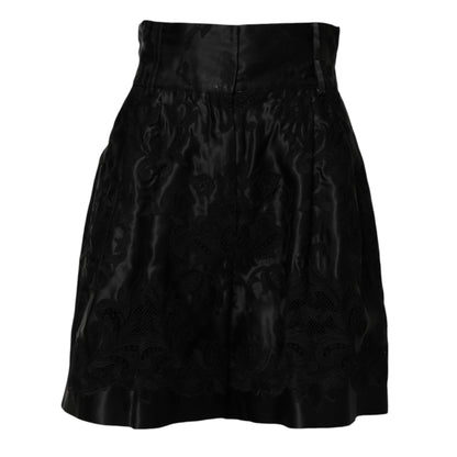 Dolce &amp; Gabbana Schwarze Shorts aus Seide mit hoher Taille und Blumenstickerei