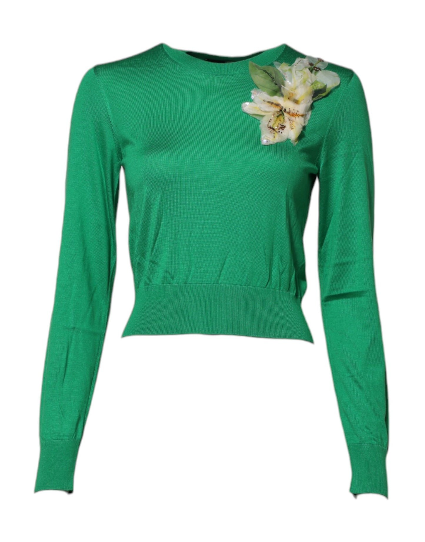 Dolce &amp; Gabbana – Grüner Seidenpullover mit Blumendetail