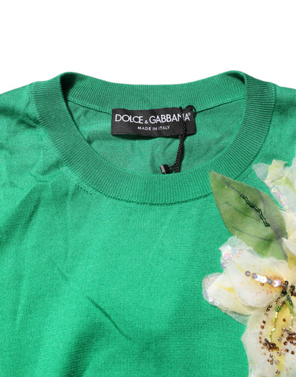 Dolce &amp; Gabbana – Grüner Seidenpullover mit Blumendetail