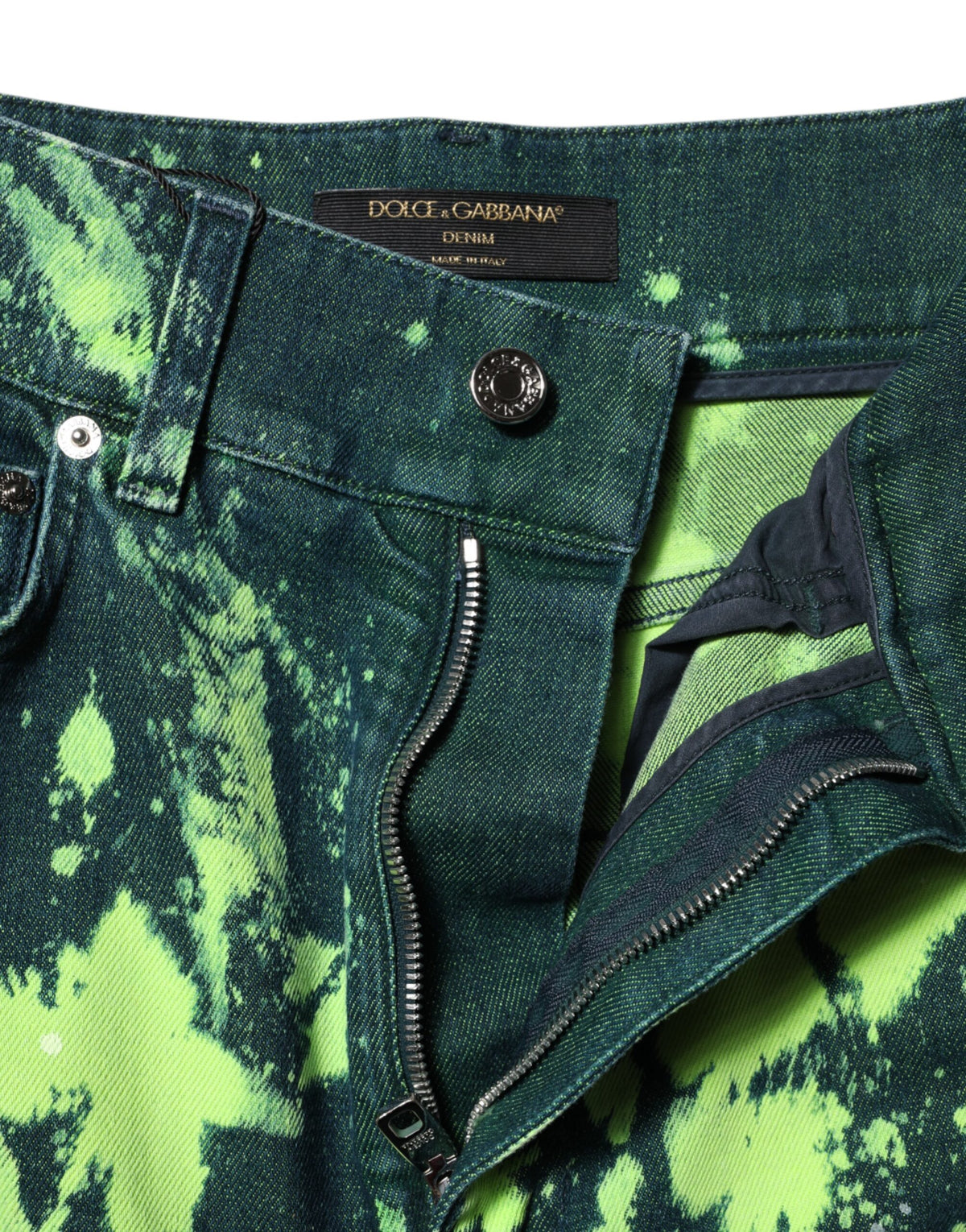 Dolce &amp; Gabbana – Jeans mit hohem Bund und Farbspritzern in Grün