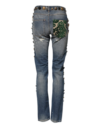 Dolce &amp; Gabbana – Blaue, zerfetzte Skinny-Denim-Jeans mit Verzierung 