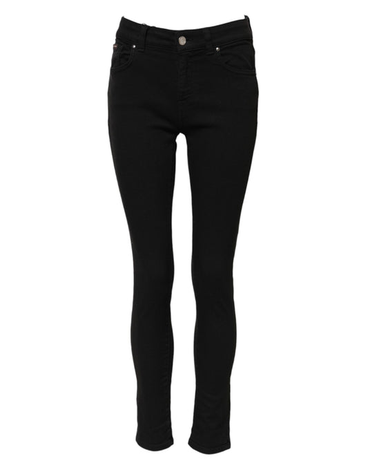 Dolce & Gabbana – Schwarze Skinny-Jeans aus Baumwoll-Denim mit Logo und mittlerer Taille