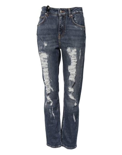 Dolce &amp; Gabbana – Boyfriend-Jeans aus zerfetztem Baumwolldenim in Blau 