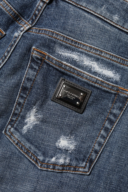 Dolce &amp; Gabbana – Boyfriend-Jeans aus zerfetztem Baumwolldenim in Blau 
