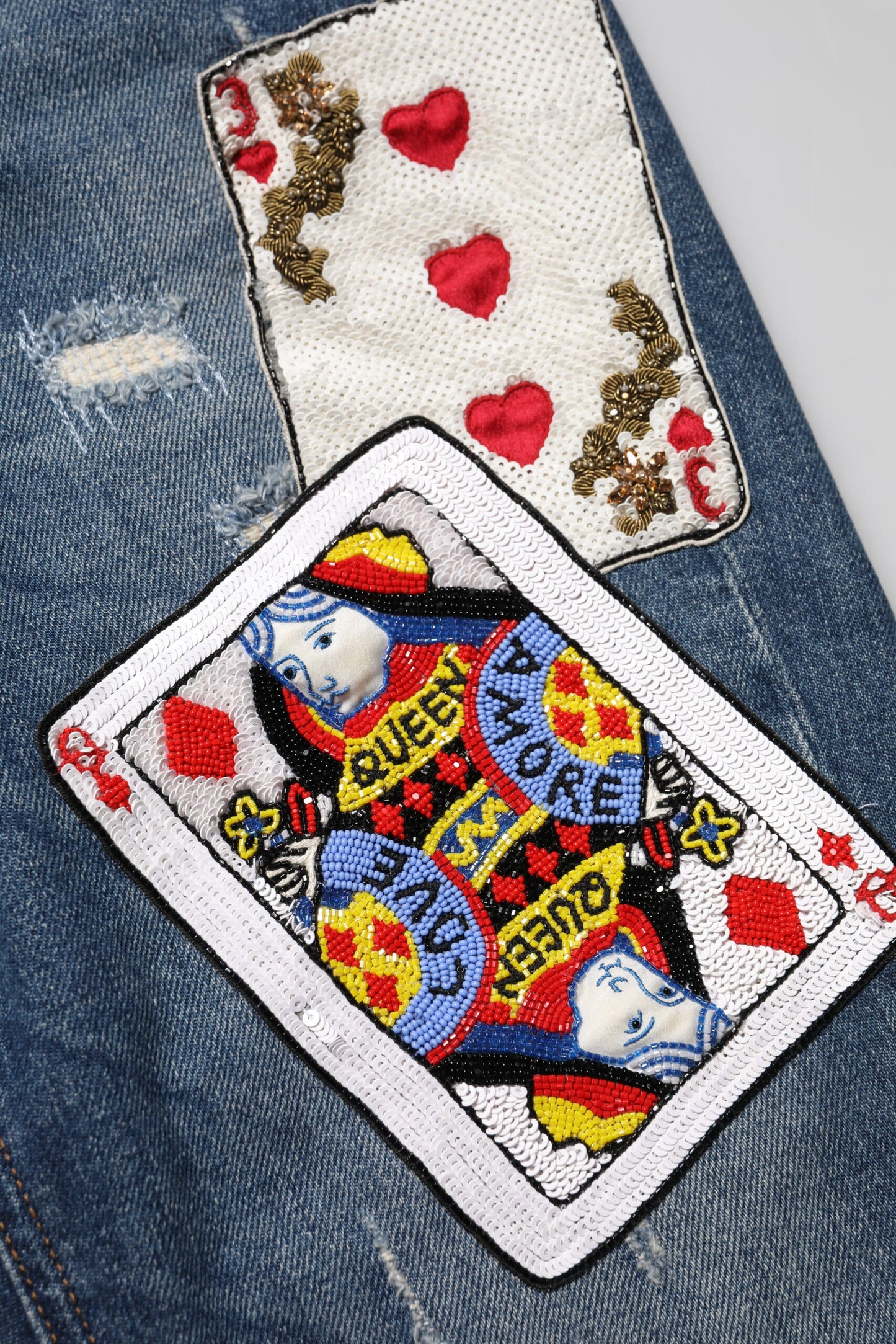 Dolce &amp; Gabbana – Blaue Skinny-Jeans mit Spielkartenstickerei 