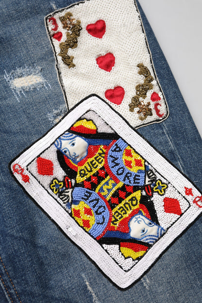 Dolce &amp; Gabbana – Blaue Skinny-Jeans mit Spielkartenstickerei 