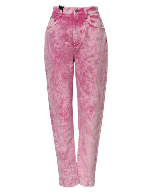 Dolce & Gabbana – Hoch taillierte, schmal zulaufende Jeans aus Denim in Rosa mit Batikmuster