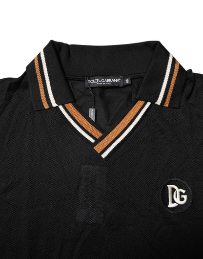 Dolce &amp; Gabbana Schwarzes DG-Poloshirt aus Seide mit V-Ausschnitt