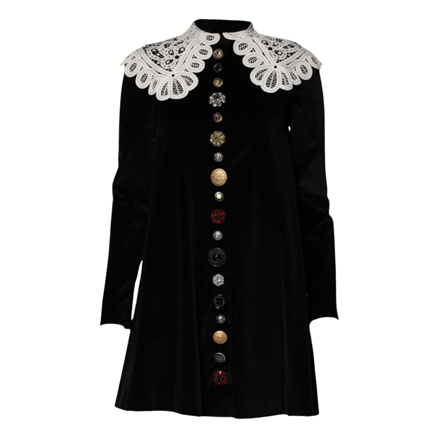Dolce & Gabbana Black Velvet Lace Collared Embellished Dress