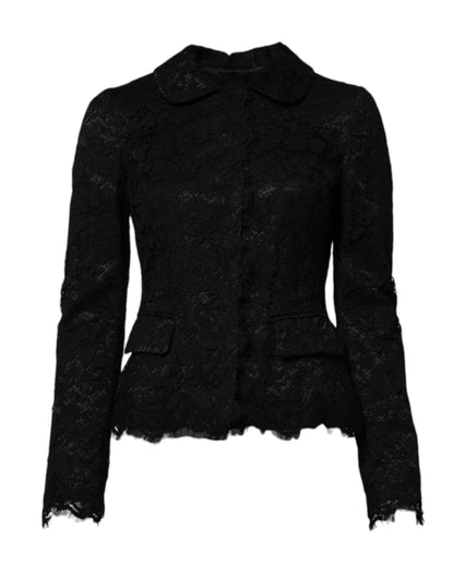Dolce &amp; Gabbana – Schwarze Jacke aus Baumwolle mit Kragen und Blumenspitze