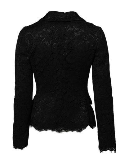 Dolce &amp; Gabbana – Schwarze Jacke aus Baumwolle mit Kragen und Blumenspitze