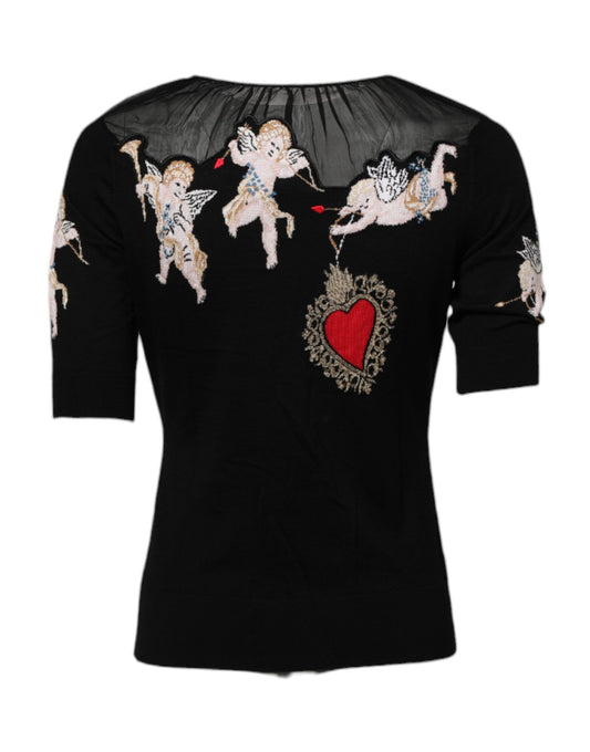 Dolce &amp; Gabbana – Schwarzes Oberteil mit Rundhalsausschnitt und Herz-Jesu-Stickerei