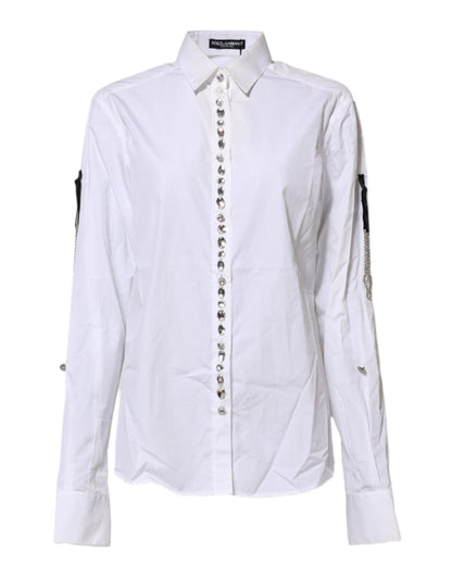Dolce & Gabbana White Crystal Embellished Collared Shirt Top