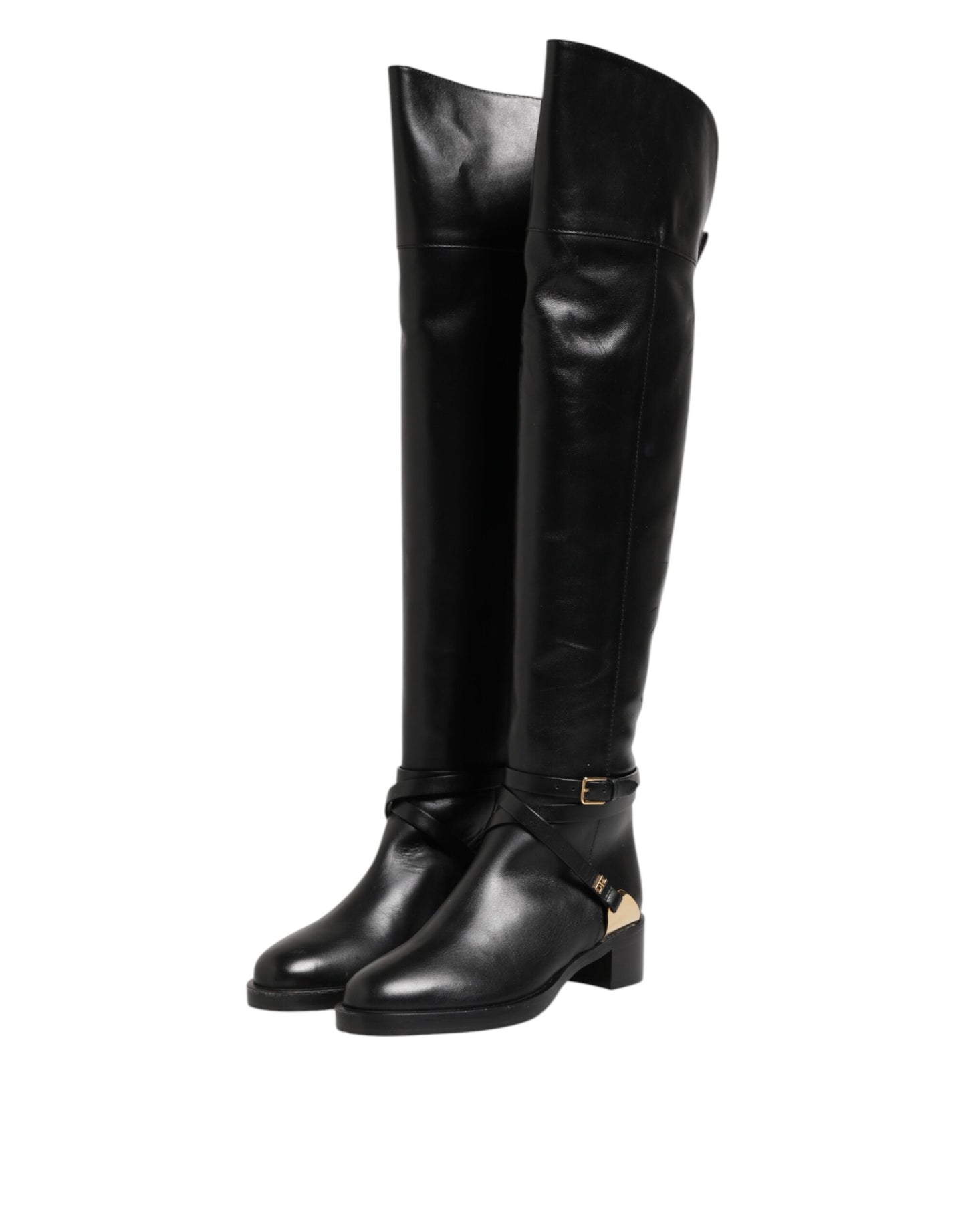 Elisabetta Franchi – Hohe Stiefel aus schwarzem Leder mit Schnalle