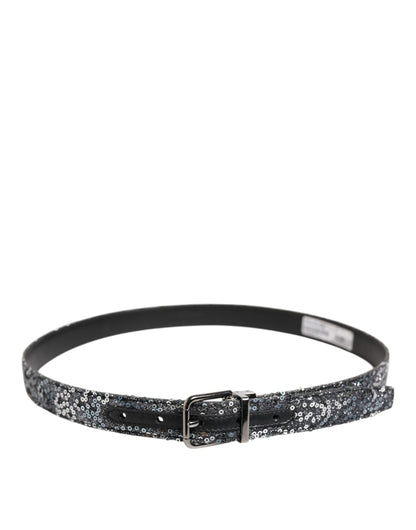 Dolce & Gabbana Black Sequins Silver Metal Logo Buckle Belt
