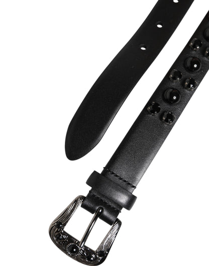 Dolce & Gabbana Black Studded Leather Metal Logo Buckle Belt