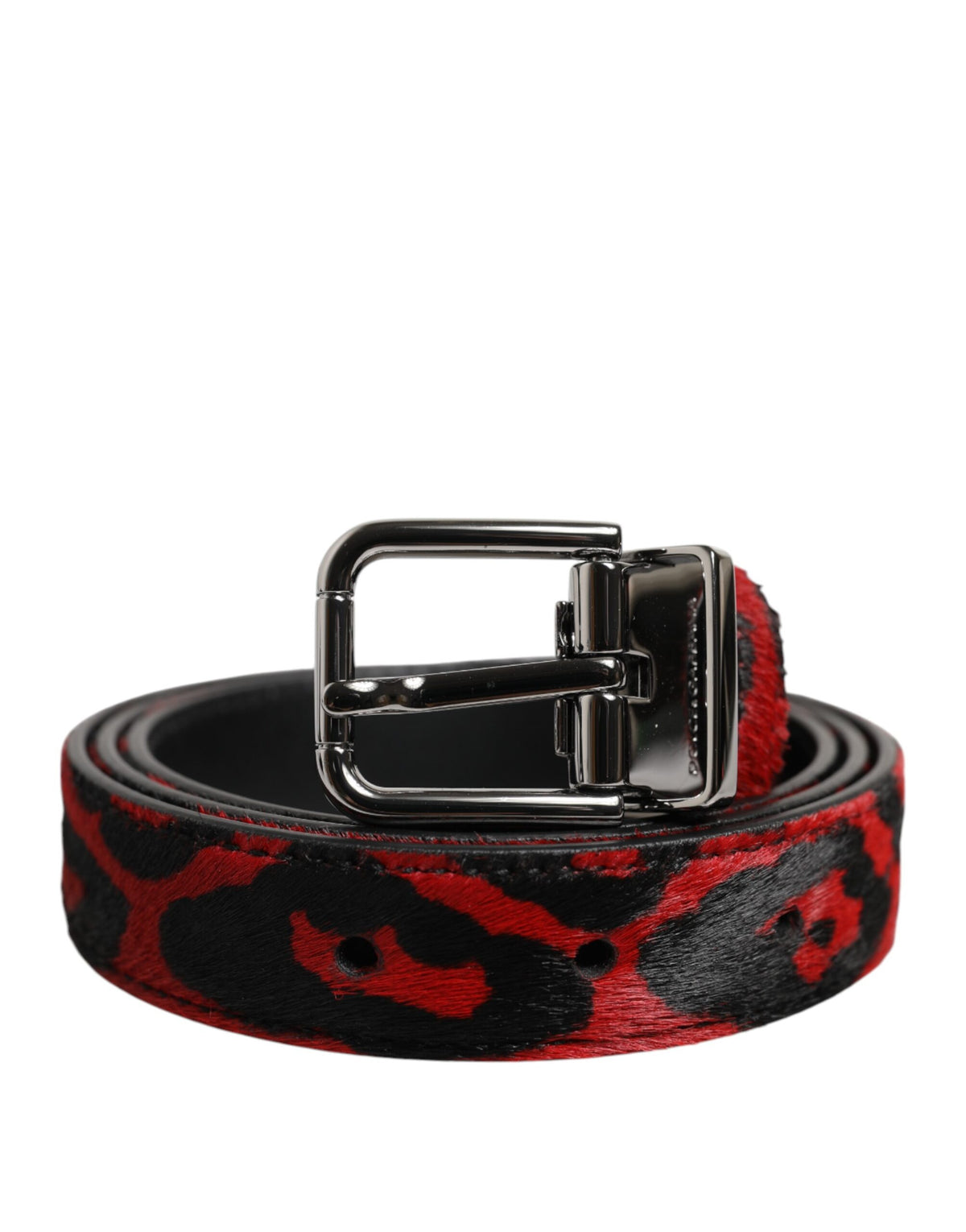 Dolce &amp; Gabbana Gürtel mit schwarzer und roter Leoparden-Metallschnalle und silberner Schnalle