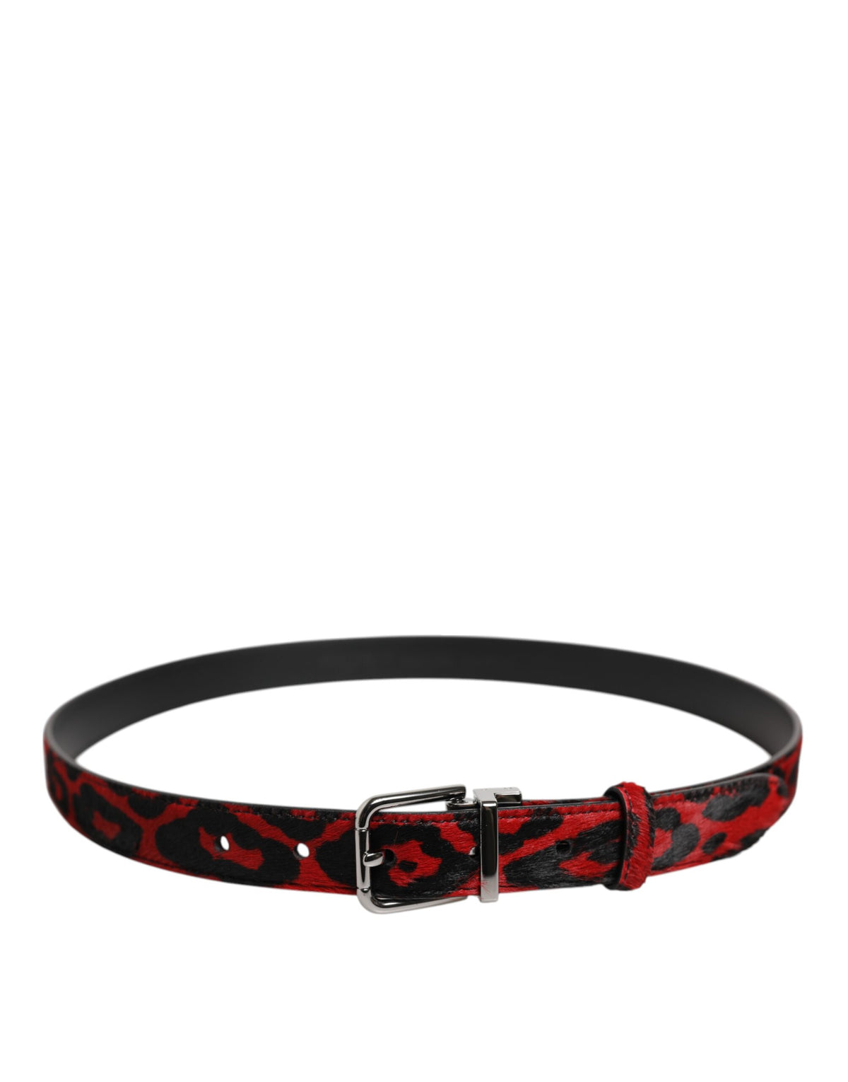 Dolce &amp; Gabbana Gürtel mit schwarzer und roter Leoparden-Metallschnalle und silberner Schnalle
