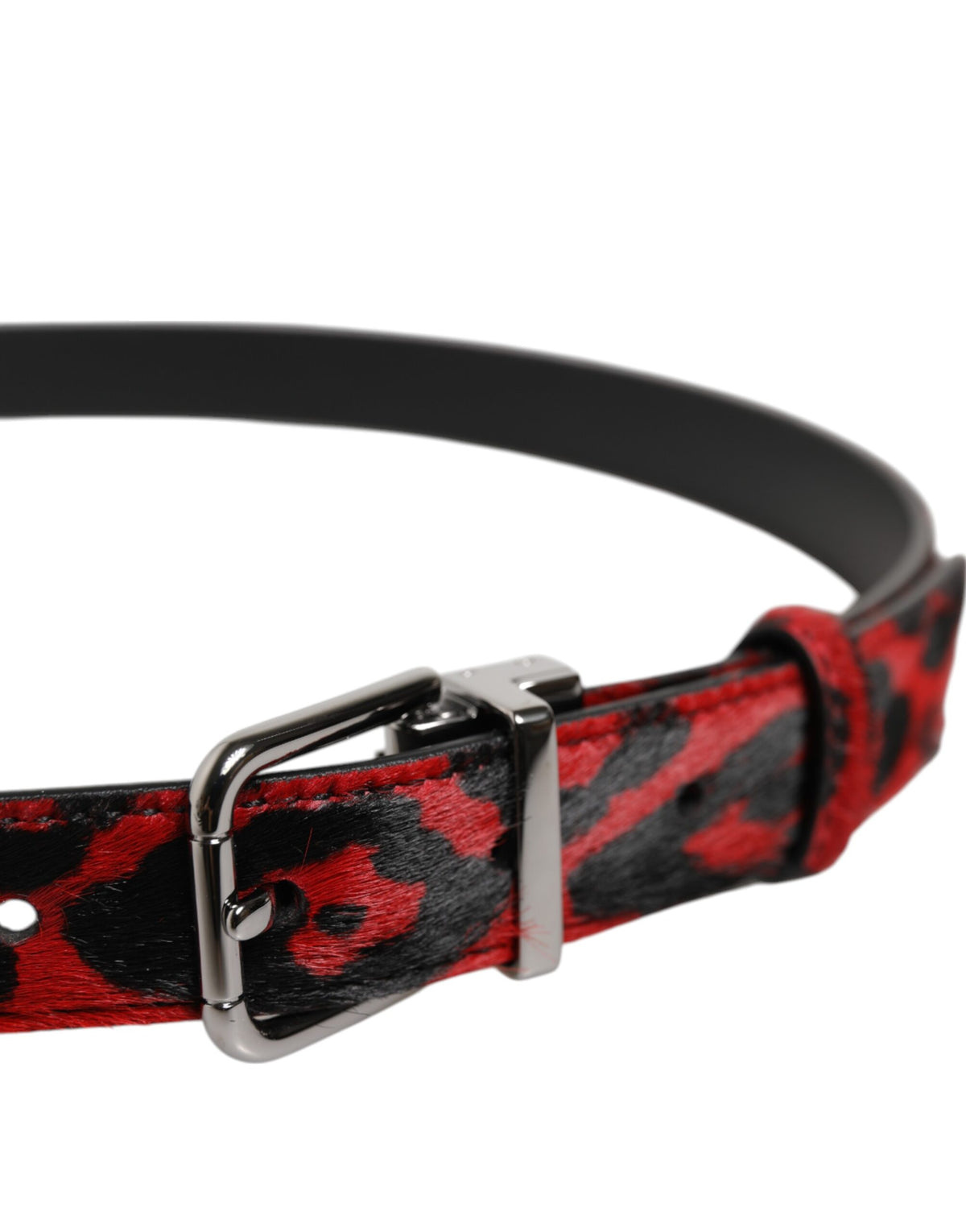 Dolce &amp; Gabbana Gürtel mit schwarzer und roter Leoparden-Metallschnalle und silberner Schnalle