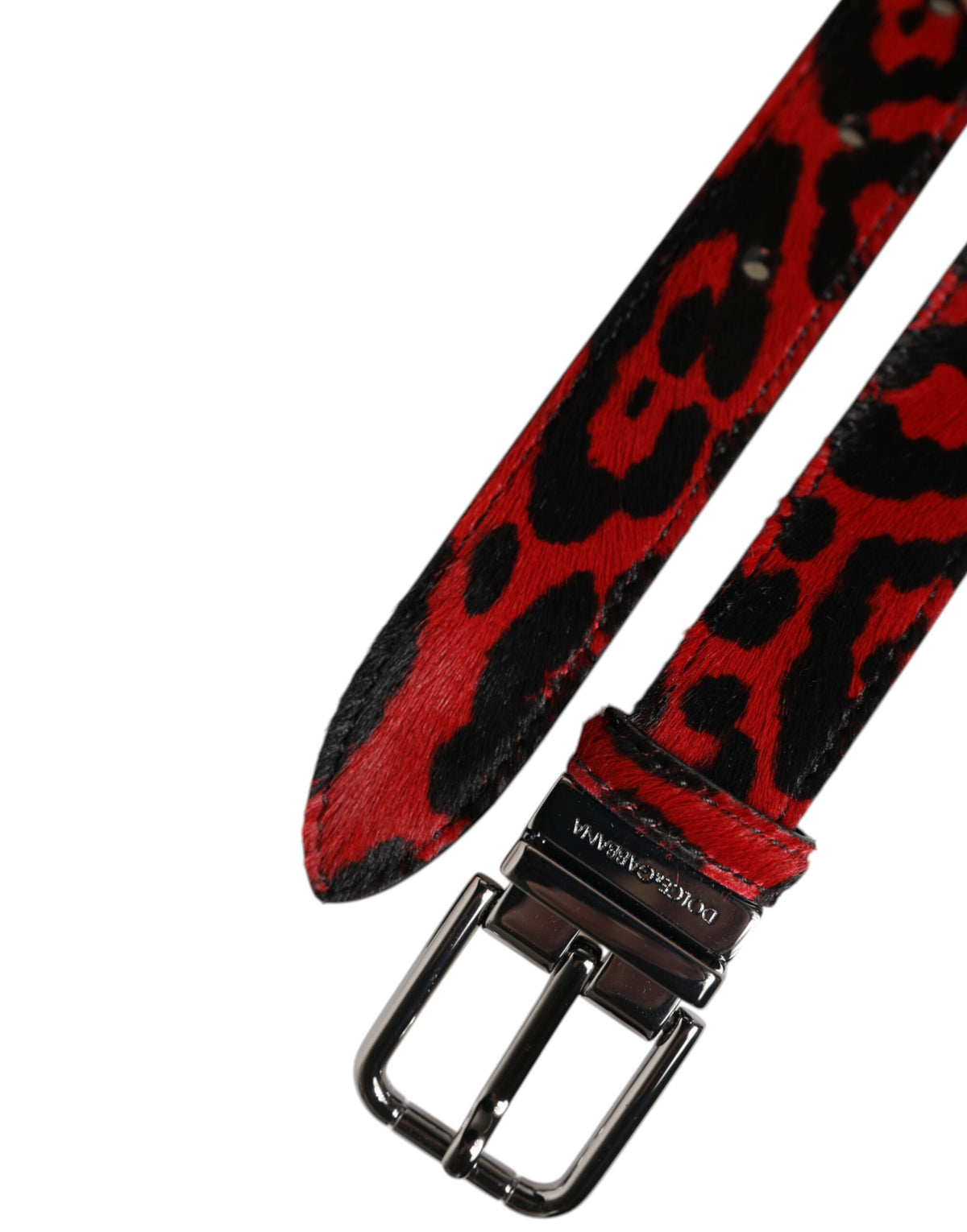 Dolce &amp; Gabbana Gürtel mit schwarzer und roter Leoparden-Metallschnalle und silberner Schnalle