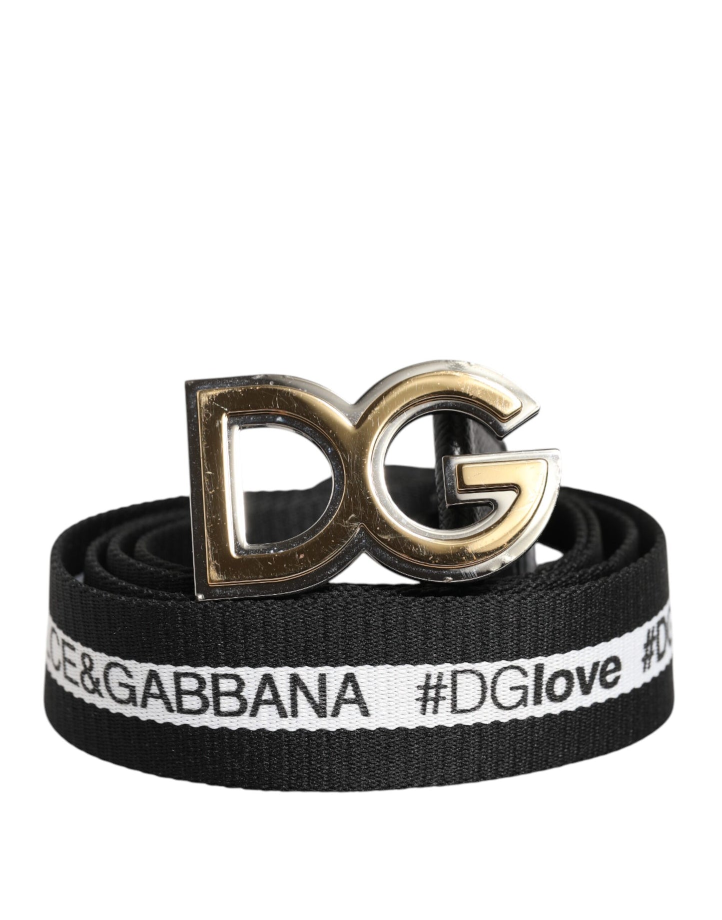 Dolce &amp; Gabbana – Schwarzer Baumwollgürtel mit goldfarbener DG-Schnalle aus Metall
