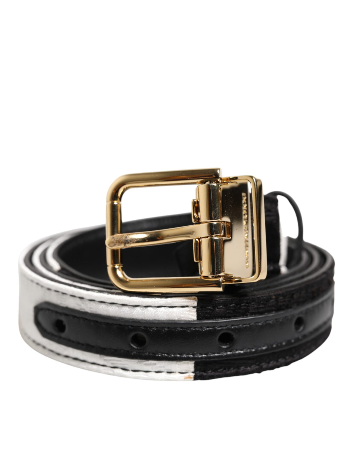 Dolce &amp; Gabbana Schwarz-weißer Patchwork-Gürtel mit goldener Metallschnalle