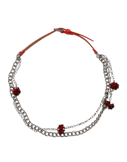 Dolce &amp; Gabbana – Cintura-Gürtel aus rotem Leder mit silberner Kette und Blumenmuster