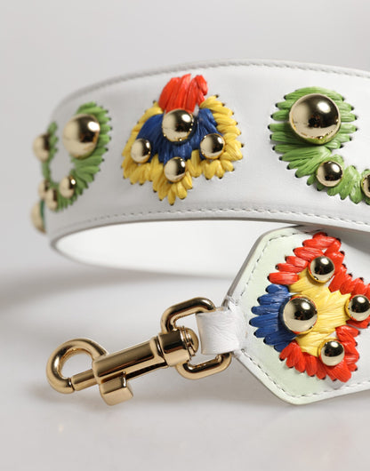 Dolce & Gabbana White Calfskin Raffia Embroidered Patchwork Shoulder Strap