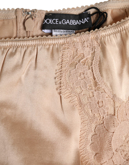 Dolce &amp; Gabbana – Beigefarbene Bikini-Höschen-Unterwäsche aus Seidenspitze mit hoher Taille
