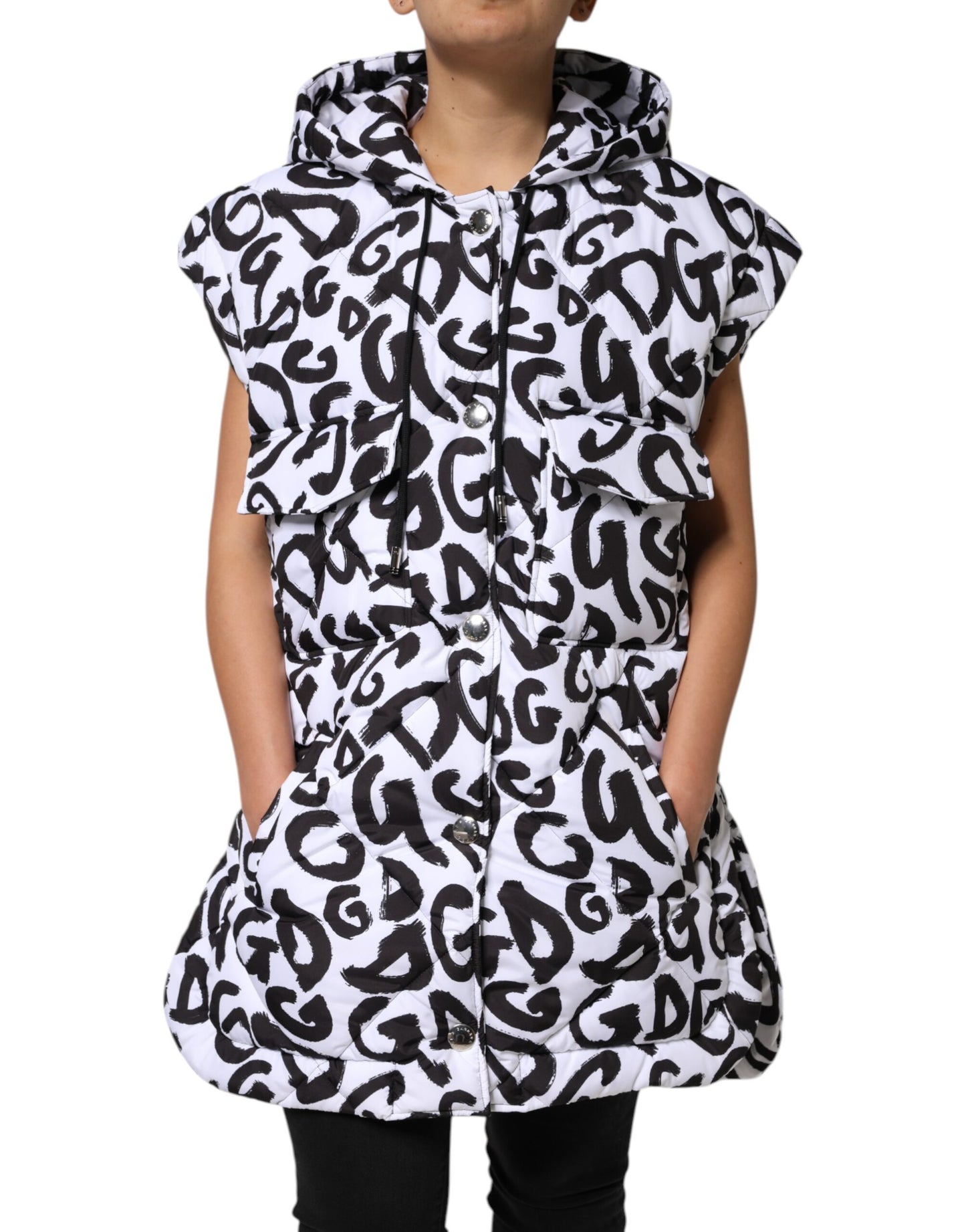 Dolce &amp; Gabbana – Weiße, ärmellose Pufferjacke „DG Mania“ mit Kapuze