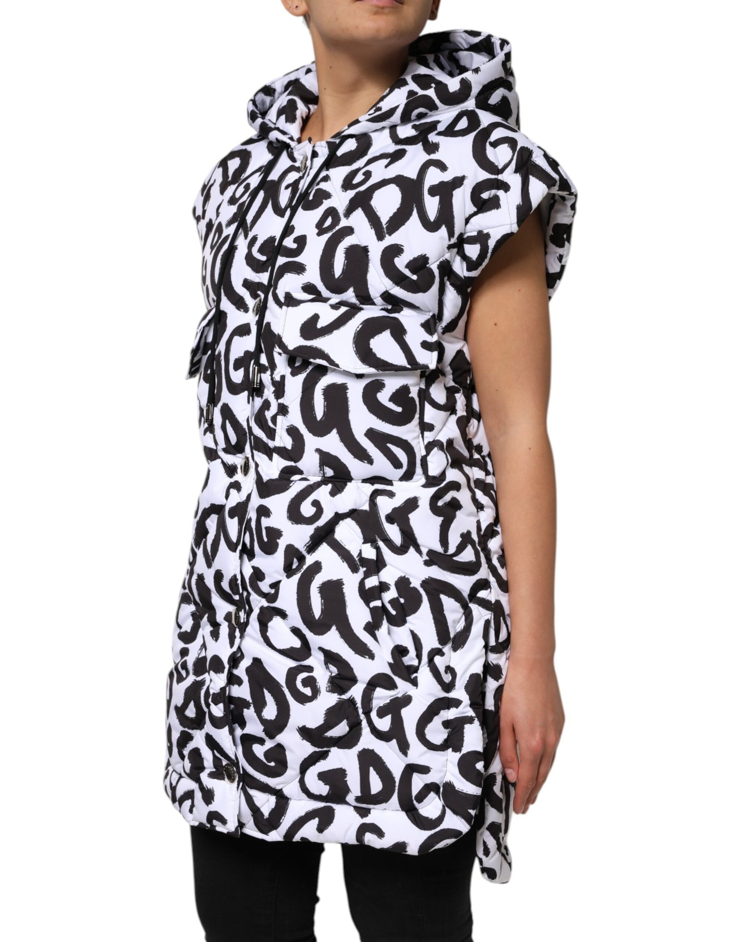 Dolce &amp; Gabbana – Weiße, ärmellose Pufferjacke „DG Mania“ mit Kapuze