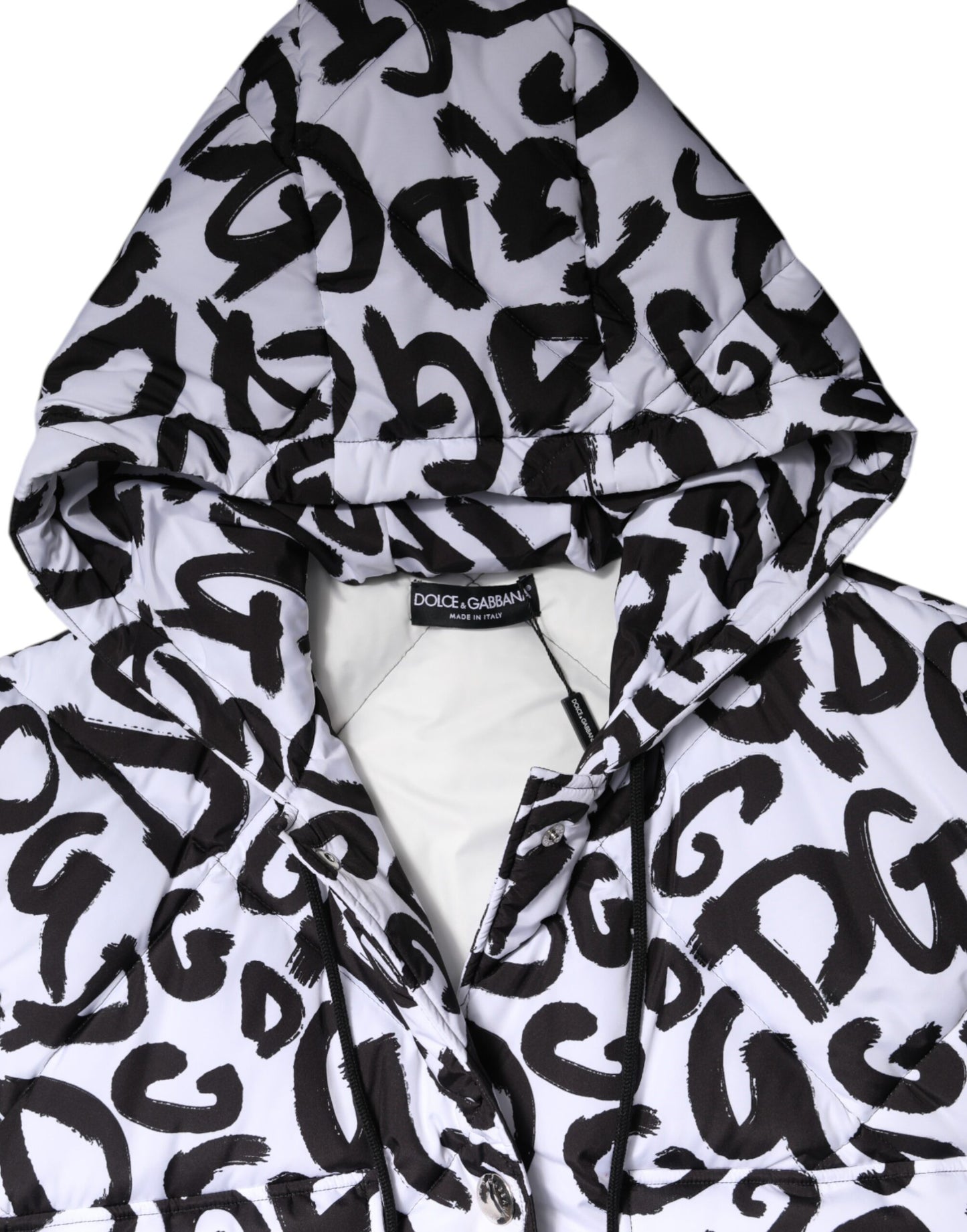 Dolce &amp; Gabbana – Weiße, ärmellose Pufferjacke „DG Mania“ mit Kapuze