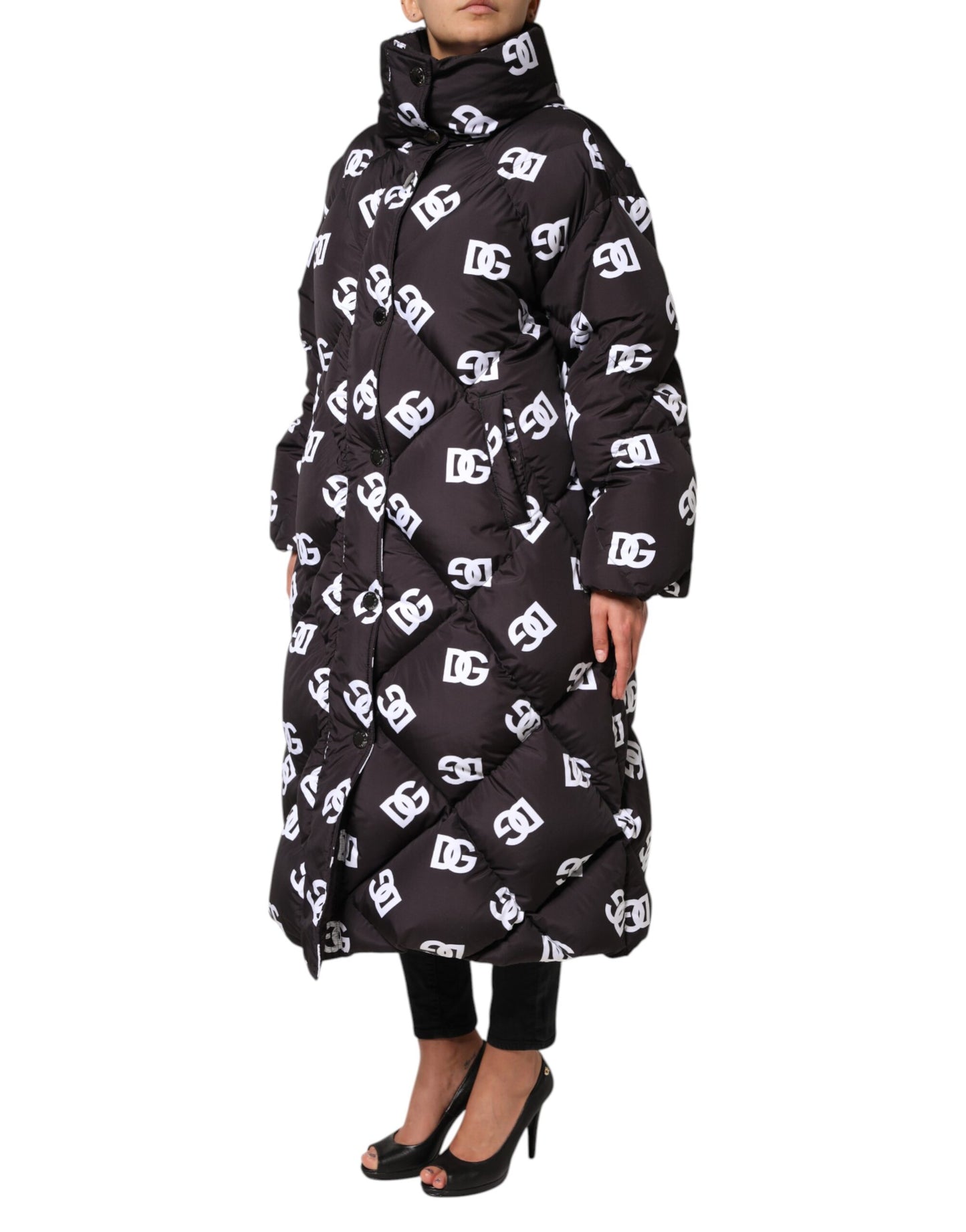 Dolce &amp; Gabbana – Schwarze, gesteppte DG Mania-Pufferjacke in Langmantelform