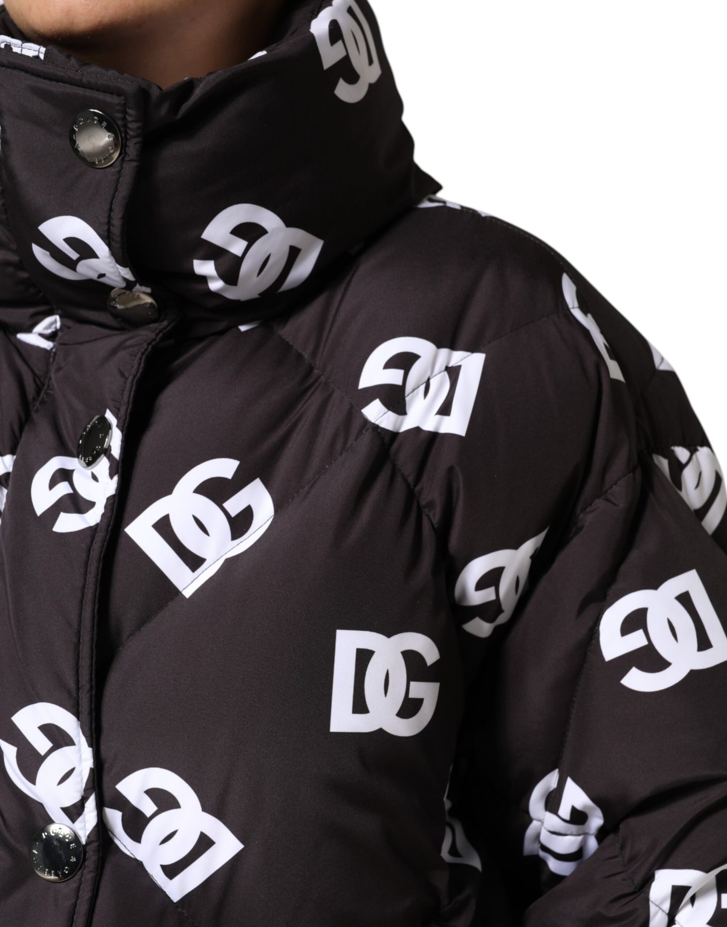 Dolce &amp; Gabbana – Schwarze, gesteppte DG Mania-Pufferjacke in Langmantelform