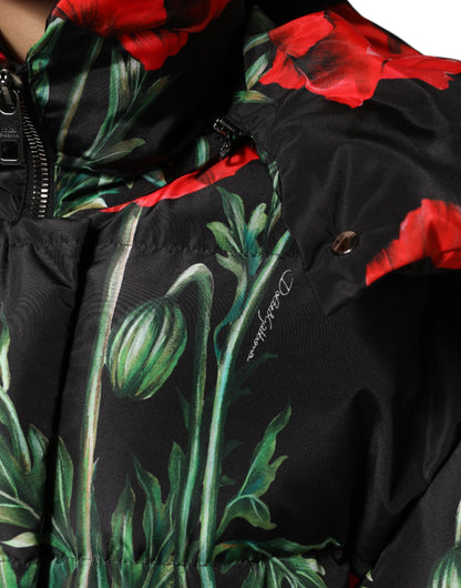 Dolce &amp; Gabbana – Schwarze Steppjacke aus Polyester mit Blumenmuster und Kapuze