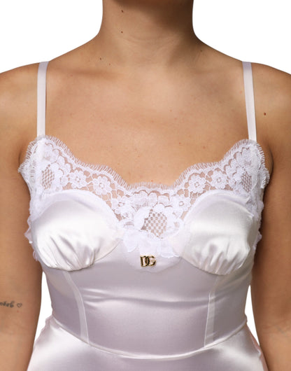 Dolce &amp; Gabbana – Nachtwäsche aus Seide mit weißem Spitzen- und goldenem DG-Logo
