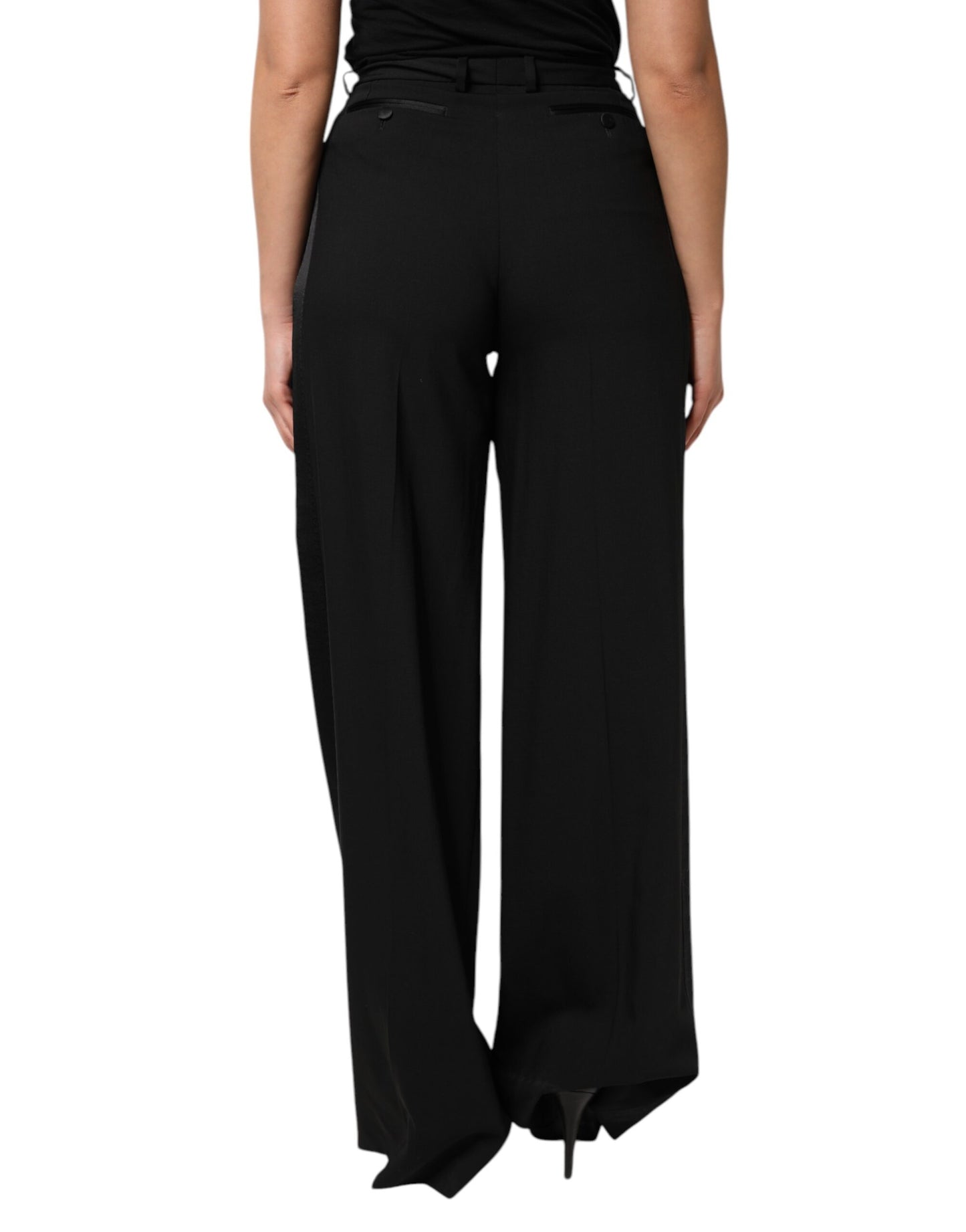 Dolce &amp; Gabbana – Schwarze Hose aus Wolle mit hoher Taille und weitem Bein