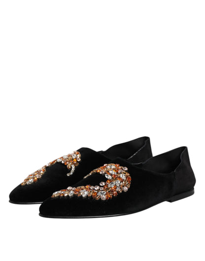 Dolce &amp; Gabbana – Loafer-Schlupfschuhe aus schwarzem Samt mit Verzierung