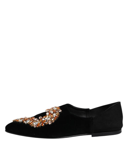 Dolce &amp; Gabbana – Loafer-Schlupfschuhe aus schwarzem Samt mit Verzierung