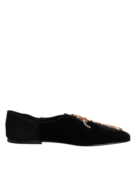Dolce &amp; Gabbana – Loafer-Schlupfschuhe aus schwarzem Samt mit Verzierung