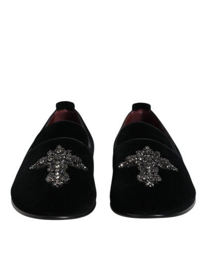 Dolce &amp; Gabbana – Loafer-Schlupfschuhe aus schwarzem Samt mit Verzierung