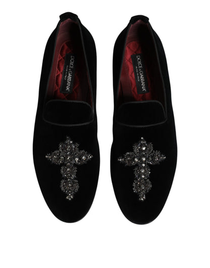 Dolce &amp; Gabbana – Loafer-Schlupfschuhe aus schwarzem Samt mit Verzierung