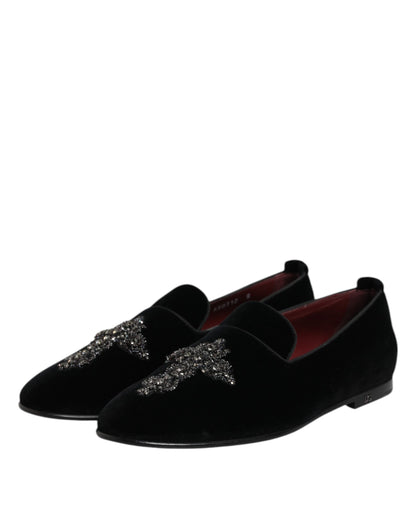Dolce &amp; Gabbana – Loafer-Schlupfschuhe aus schwarzem Samt mit Verzierung
