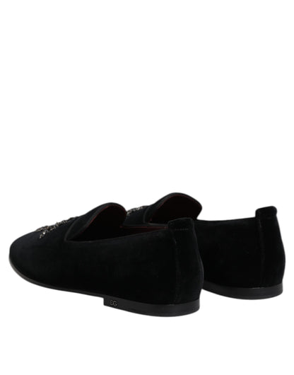 Dolce &amp; Gabbana – Loafer-Schlupfschuhe aus schwarzem Samt mit Verzierung