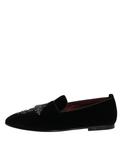 Dolce &amp; Gabbana – Loafer-Schlupfschuhe aus schwarzem Samt mit Verzierung