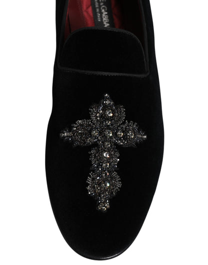Dolce &amp; Gabbana – Loafer-Schlupfschuhe aus schwarzem Samt mit Verzierung