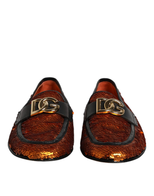 Dolce &amp; Gabbana Orange Pailletten verzierte Herren Loafer Schuhe