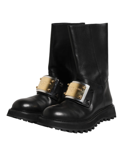 Dolce &amp; Gabbana – Hohe Stiefel aus schwarzem Leder mit DG-Logo