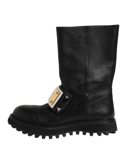 Dolce &amp; Gabbana – Hohe Stiefel aus schwarzem Leder mit DG-Logo